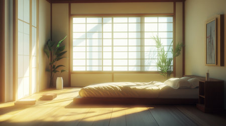 A tranquil bedroom showcasing minimalist design with soft sunlight filtering through shoji screens, highlighting natural elements and a serene atmosphere.の素材