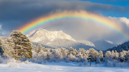 A breathtaking winter scene features a vibrant rainbow arching over majestic snow-capped mountains, framed by frosted pine trees against a stunning clear blue sky.の素材