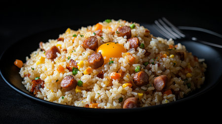 A mouthwatering bowl of fried rice featuring sausages, fresh vegetables, and a rich egg yolk, perfect for showcasing culinary delights in food photography.の素材