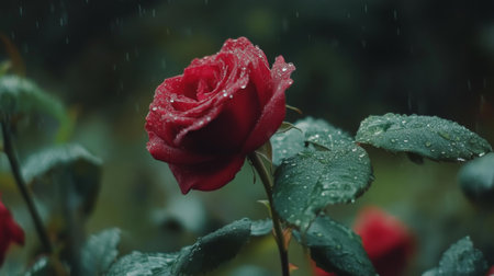 A stunning red rose stands majestically in the rain, droplets glistening on its petals and leaves, creating a serene and captivating scene that showcases nature's beauty.の素材