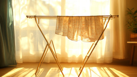 A serene scene of a laundry drying rack displaying clean garments in a sunlit indoor space, evoking a sense of warmth and tranquility in a cozy home atmosphere.の素材