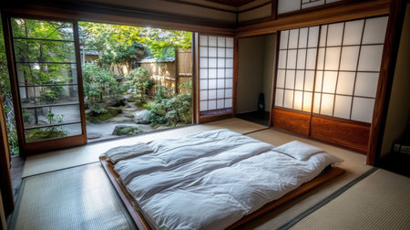 Experience the calming ambiance of a traditional Japanese room featuring futon bedding and a serene view of a Zen garden, perfect for relaxation and tranquility.の素材