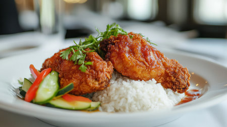 Enjoy this mouthwatering dish featuring crispy fried chicken resting on a bed of fluffy rice, complemented by fresh vegetables, ideal for culinary visuals and dining inspirations.の素材