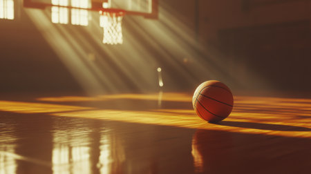 An evocative scene featuring a single basketball resting on the polished wooden floor of an empty gym, illuminated by soft beams of light that enhance the tranquil ambiance.の素材