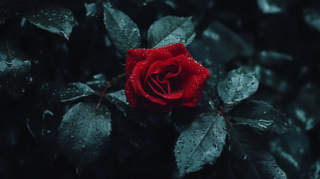 A captivating red rose adorned with dew drops rests gracefully on lush dark green leaves, creating a striking visual perfect for romantic and floral themes.の素材
