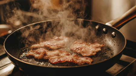 Mouthwatering bacon sizzles in a frying pan, releasing steam in a cozy kitchen setting. This image captures the inviting aroma and beauty of breakfast cooking.の素材