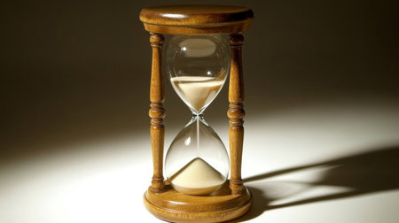 A beautifully crafted wooden hourglass featuring flowing sand, symbolizing the passage of time. Ideal for themes of reflection, patience, and life's fleeting nature.の素材
