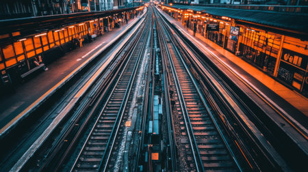 Stunning view of railroad tracks converging under nighttime lights, showcasing an empty urban platform that invites a sense of calm and adventure in a bustling city atmosphere.の素材