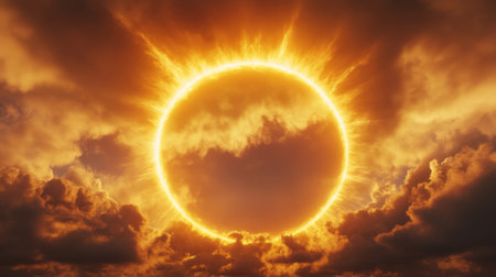 Breathtaking solar eclipse image capturing a radiant halo of sunlight surrounded by dramatic clouds, creating an awe-inspiring celestial atmosphere. Perfect for nature themes.の素材