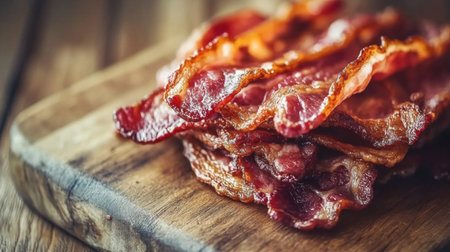 A mouthwatering close-up of crispy bacon strips stacked on a rustic wooden board, ideal for showcasing sumptuous breakfast meals or savory snacks that tempt the palate.の素材