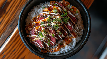 A gourmet bowl featuring seared steak on a bed of rice, garnished with green onions, sesame seeds, and flavorful sauce, ideal for showcasing culinary creativity and presentation.の素材