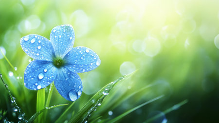 A delicate blue flower adorned with glistening water droplets stands out against a soft green background, symbolizing nature's beauty and freshness in spring.の素材