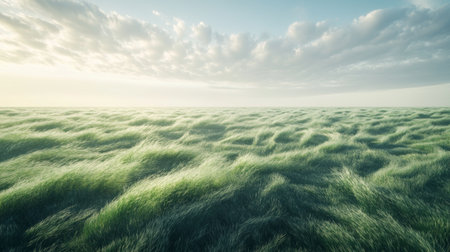 Experience the beauty of a serene landscape with lush green grass waves under a soft, cloudy sky, capturing the essence of tranquility and natural elegance in a mesmerizing scene.の素材