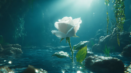 A stunning white rose emerges from crystal clear water, surrounded by lush greenery and illuminated by soft light, creating a tranquil and mystical underwater scene.の素材
