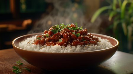 A closeup of a steaming bowl of rice with savory sauce and fresh herbs, perfect for food lovers seeking comfort and hospitality in their meals. Ideal for culinary presentations.の素材