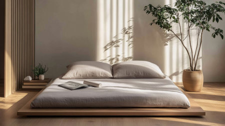 Discover a serene minimalist bedroom bathed in natural light, featuring soft bedding, an indoor plant, and gentle shadows, perfect for creating a calming retreat in any home.の素材