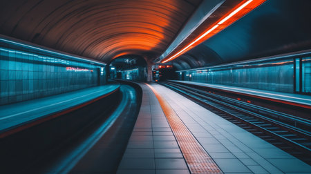 A captivating view of an underground train station at night, showcasing vibrant neon lights and empty tracks in a modern urban environment, perfect for travel and architecture themes.の素材
