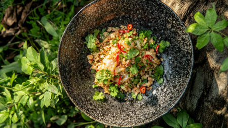 A vibrant vegetable salad with a mix of fresh herbs and spices, beautifully presented in a black bowl, surrounded by lush greenery in a picturesque outdoor setting.の素材