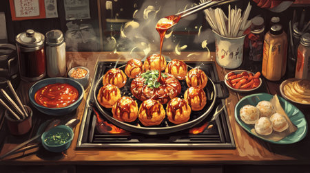 A vibrant scene displaying freshly cooked takoyaki served on a hot griddle, drizzled with sauces, surrounded by colorful side dishes in a lively street food atmosphere.の素材