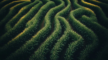An aerial view showcases a field of corn plants creating a mesmerizing maze of green, reflecting nature's symmetry, and illuminated by warm sunlight, perfect for agricultural themes.の素材
