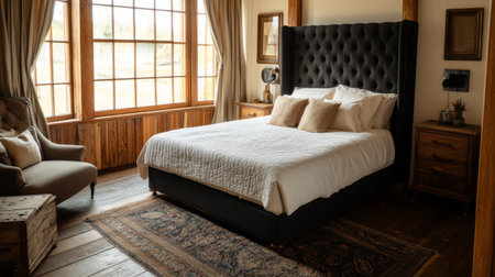 Beautifully designed bedroom featuring a large bed, comfortable decor, and ample natural light filtering through spacious windows for a warm ambiance.の素材