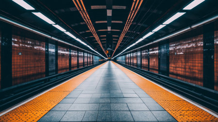 A striking view of a subway station platform showcasing vibrant orange accents and sleek tiles, illuminated by soft ceiling lights, creating a modern urban ambiance.の素材