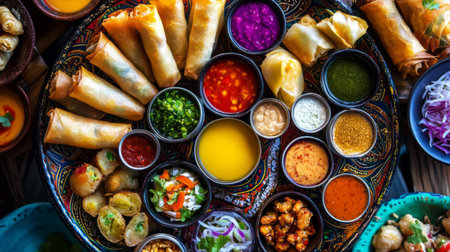 A beautifully arranged platter showcasing an array of Indian street food, including spring rolls, samosas, and vibrant sauces, ideal for culinary enthusiasts and gatherings.の素材