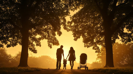 A beautiful silhouette of a family enjoying a sunset walk in a park, showcasing love and togetherness under the warm tones of a golden sky.の素材