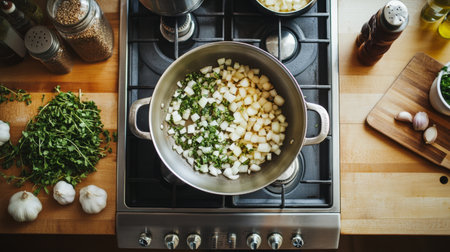 A vibrant kitchen scene featuring fresh vegetables and herbs cooking in a pot, highlighting the beauty of healthy meal preparation and culinary creativity.の素材