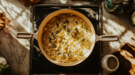 A beautifully captured image of creamy pasta with vegetables and herbs cooking on a stovetop, highlighting the warmth and coziness of home cooking in natural light.の素材