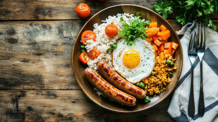 A vibrant breakfast plate showcasing grilled sausages, a sunny-side-up egg, fluffy rice, and assorted fresh vegetables, presented on a rustic wooden surface.の素材