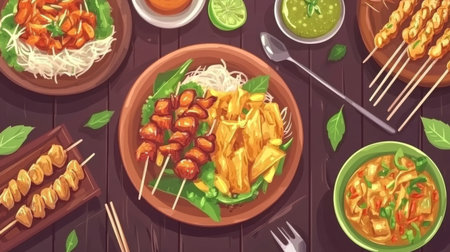 An inviting display of Asian dishes featuring skewers, noodles, and various sauces, perfect for food lovers seeking inspiration and flavor in their meals.の素材