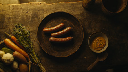 A rustic arrangement featuring grilled sausages accompanied by fresh vegetables and mustard, all set on a wooden table exuding warmth and simplicity.の素材