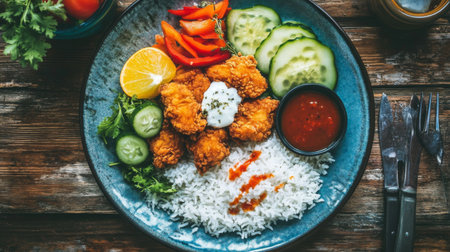 A delicious plate featuring crispy fried chicken tenders accompanied by fresh vegetables, aromatic rice, and dipping sauces, perfect for a delightful meal experience.の素材