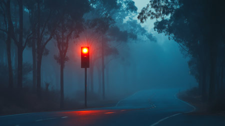 A tranquil scene featuring a red traffic light on a winding road, surrounded by a foggy forest, evoking feelings of caution and serenity in an atmospheric landscape.の素材
