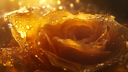A breathtaking close-up of a golden rose adorned with glistening dew drops, beautifully illuminated by warm light, celebrating the essence of nature's artistry and elegance.の素材