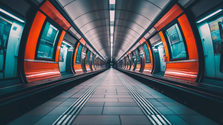 A captivating view of a modern subway station featuring vibrant orange accents and symmetrical architecture, evoking the essence of urban life and public transportation.の素材