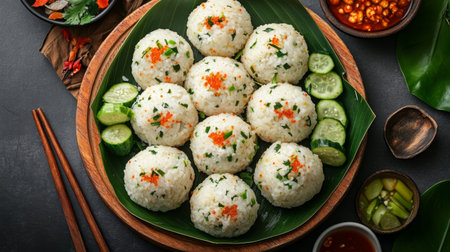 A stunning display of traditional rice balls topped with herbs and garnished with slices of cucumber, showcasing a harmonious blend of colors and flavors, perfect for an engaging meal.の素材
