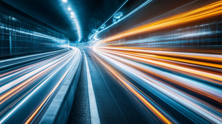 Experience the thrill of speed with vibrant light trails captured in a modern city tunnel, showcasing dynamic movement and energy in an urban landscape.の素材