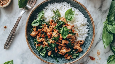A vibrant and appetizing chicken stir-fry with fresh basil served over steamed white rice, perfect for culinary inspiration and flavorful meal ideas.の素材