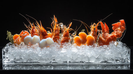 An elegant display of fresh seafood on ice, showcasing shrimp, lobster, and scallops, ideal for culinary presentations in gourmet dining or catering events.の素材