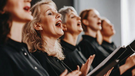 A vibrant image showcasing a group of passionate female singers in a choir, engaged in a lively rehearsal, radiating joy and unity through their powerful vocal expressions and gestures.の素材