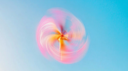 A vibrant spinning wind turbine captured against a bright blue sky, showcasing abstract motion blur, highlighting the importance of renewable energy and sustainability.の素材