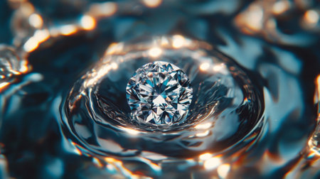 A stunning close-up of a sparkling diamond on a water surface, creating beautiful ripples, showcasing intricate reflections and luxurious textures in a serene light setting.の素材