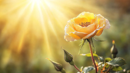 A captivating yellow rose captured in soft sunlight, showcasing delicate petals and lush greenery, perfect for nature, beauty, or floral-themed projects.の素材