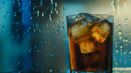 A glass filled with a cold beverage and ice cubes, set against a rain-soaked window, creating an inviting and refreshing atmosphere perfect for relaxation.の素材