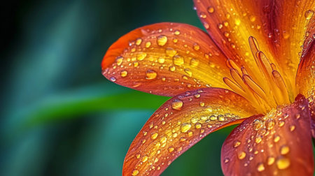 A stunning close-up image featuring a bright orange flower petal adorned with dew drops, set against a soft green background, showcasing nature's exquisite details and vibrant colors.の素材