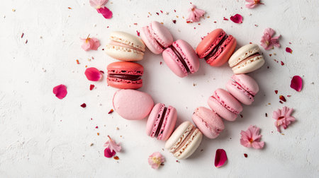 Delight in this beautiful heart-shaped arrangement of pink and white macarons accentuated by delicate petals, perfect for romantic celebrations and special gatherings.の素材