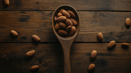 A rustic wooden spoon filled with almonds on a dark wooden table, capturing the essence of healthy snacking and the beauty of natural food presentation.の素材