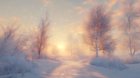 A beautiful winter landscape featuring frosty trees and a snow-covered pathway, illuminated by the warm glow of a rising sun, creating a tranquil and serene atmosphere.の素材